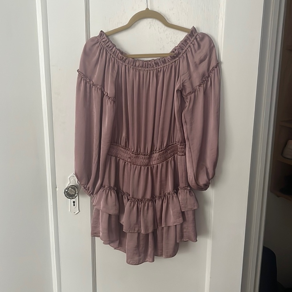 Misa Los Angeles - pink silky, off shoulder mini dress